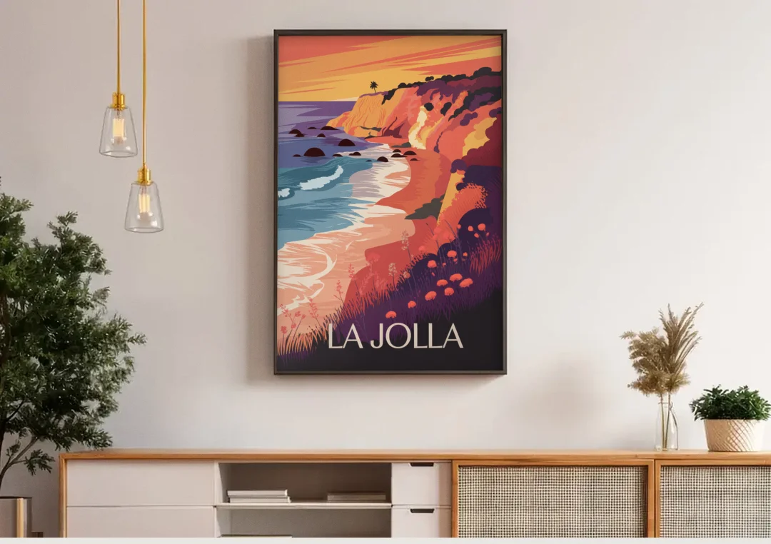 La Jolla Sunset Views canvas wall art above a wooden sideboard under pendant lights