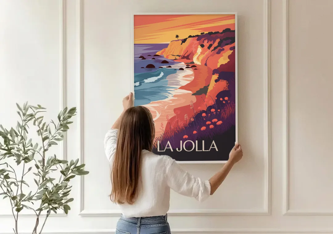 La Jolla Sunset Views canvas wall art being hung on a paneled wall
