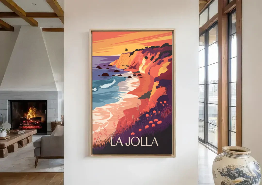 La Jolla Sunset Views canvas wall art in a living room with a fireplace