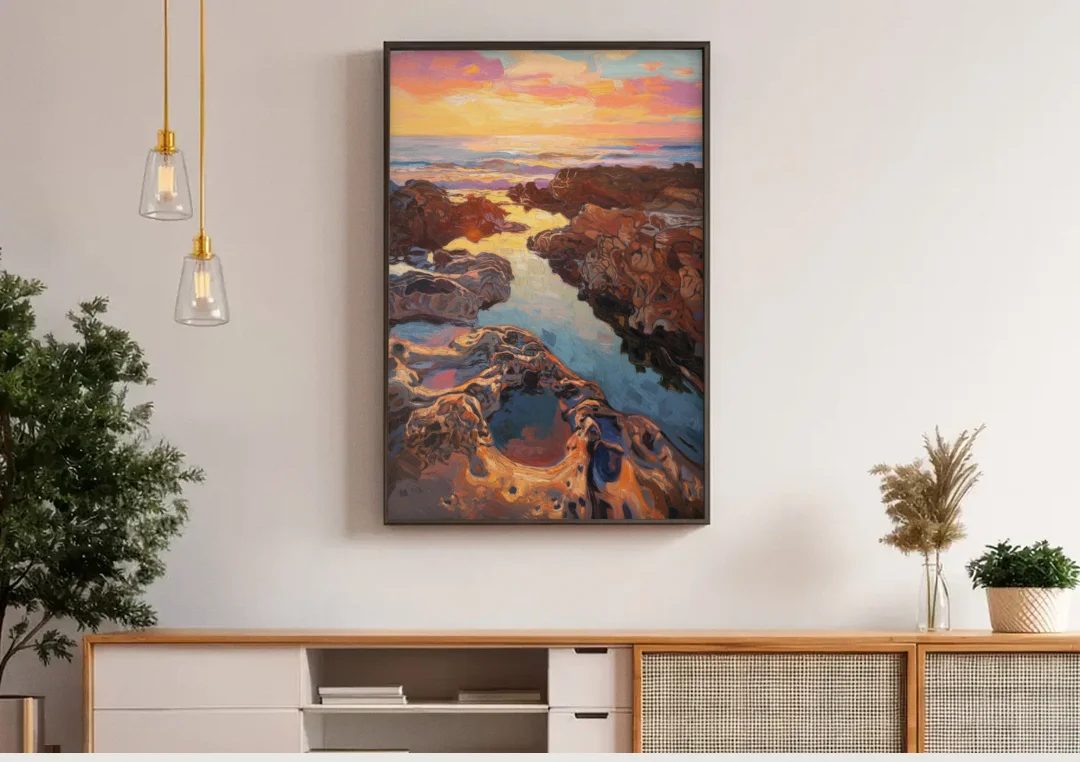 La Jolla Tidepools canvas wall art above a wooden sideboard under pendant lights