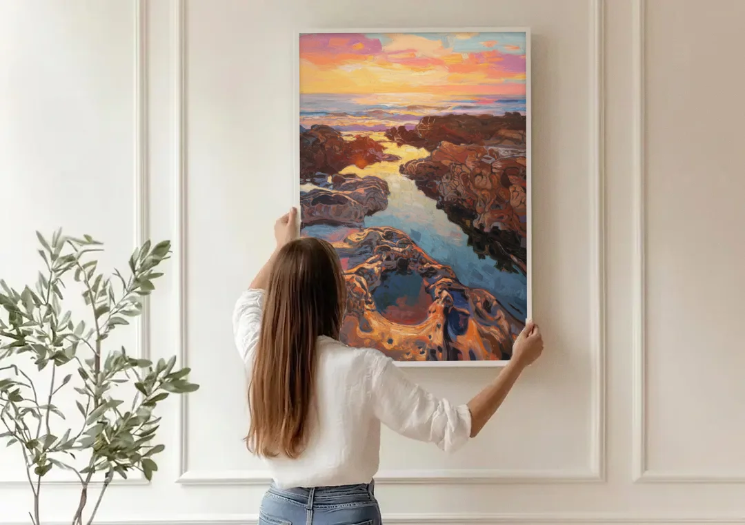 La Jolla Tidepools canvas wall art being hung on a paneled wall