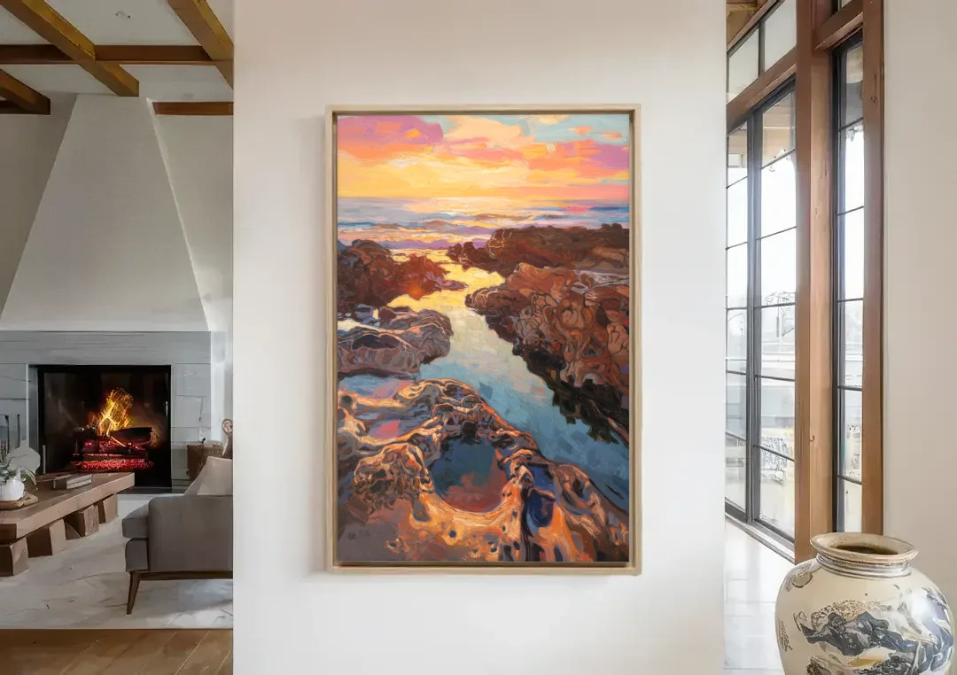 La Jolla Tidepools canvas wall art in a living room with a fireplace
