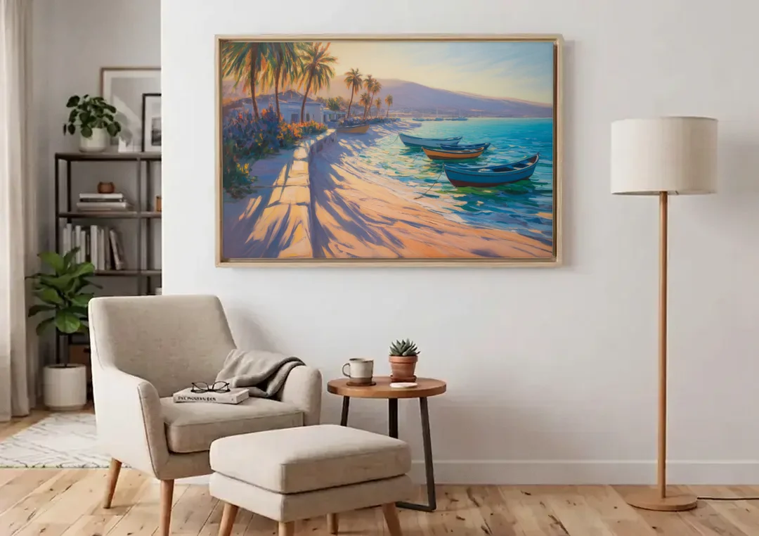 La Paz Palm Coast canvas wall art above an armchair in a bright living room