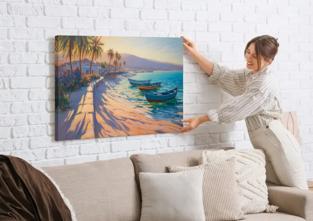 La Paz Palm Coast canvas wall art being hung on a white brick wall above a sofa