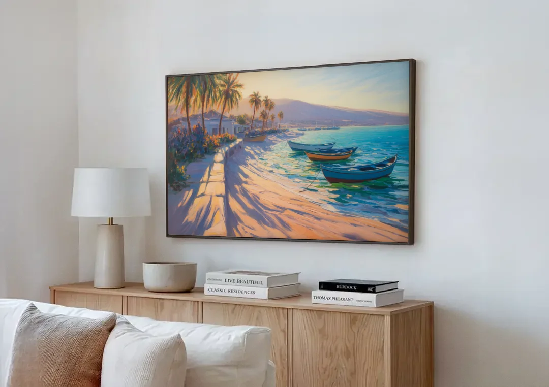 La Paz Palm Coast canvas wall art above a wooden sideboard next to a sofa
