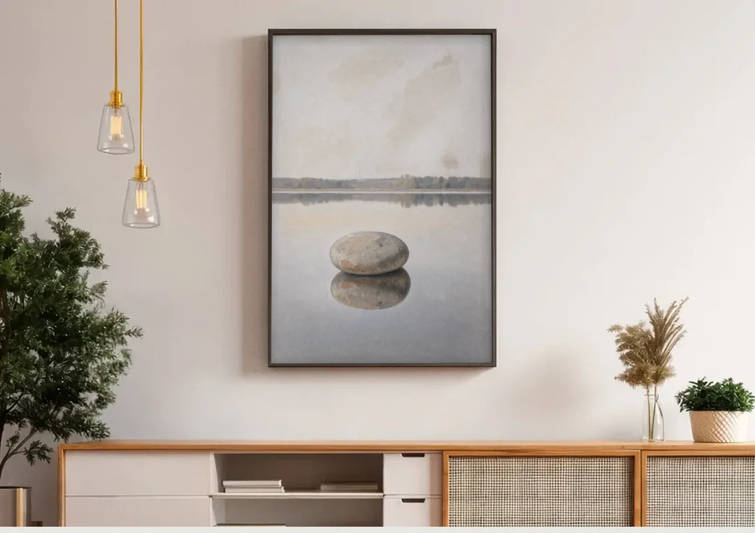 Lake Canvas Print with a Still Granite Stone canvas wall art above a wooden sideboard under pendant lights