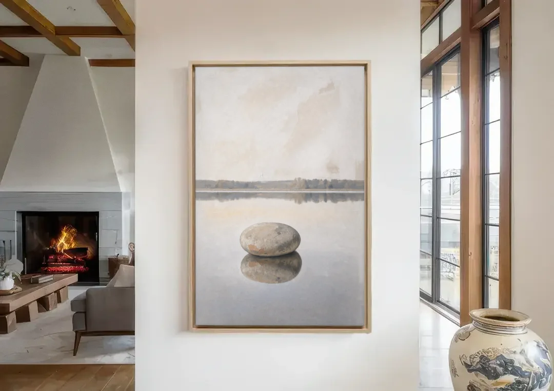 Lake Canvas Print with a Still Granite Stone canvas wall art in a living room with a fireplace