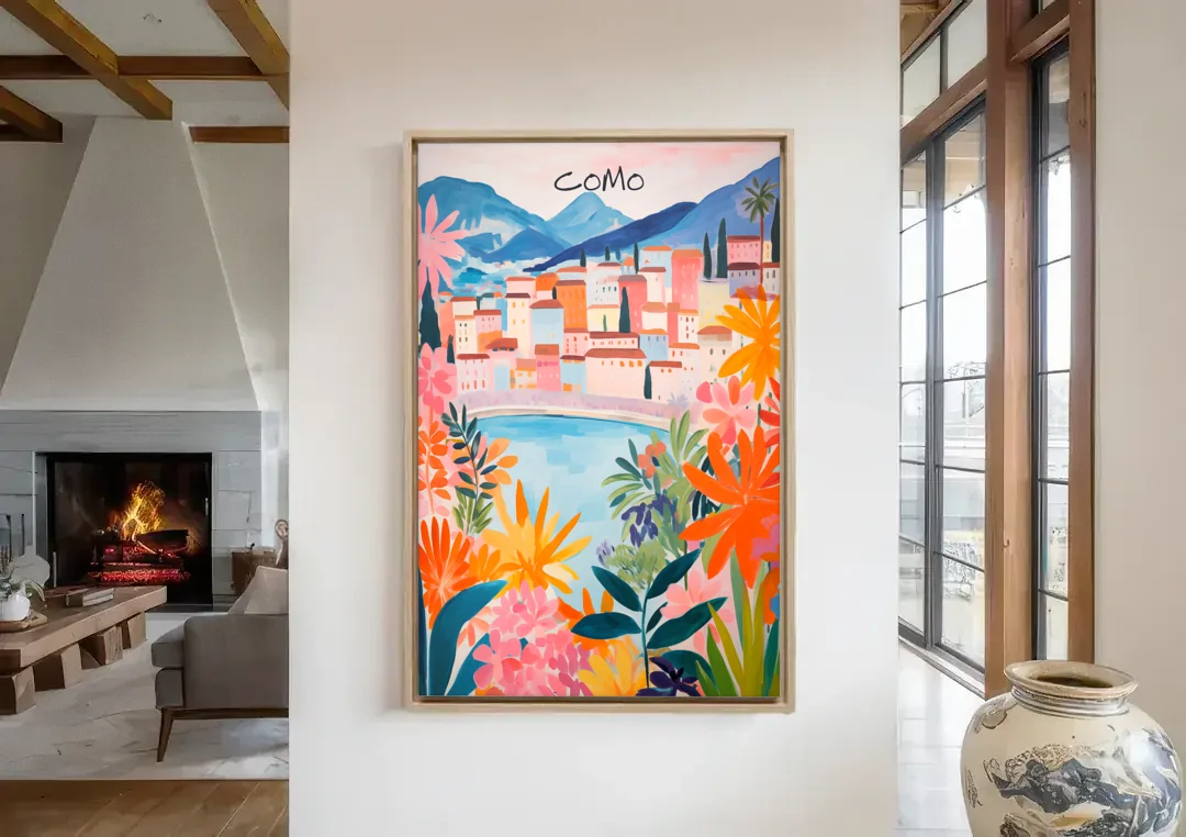 Lake Como Art in Tropical Bloom canvas wall art in a living room with a fireplace