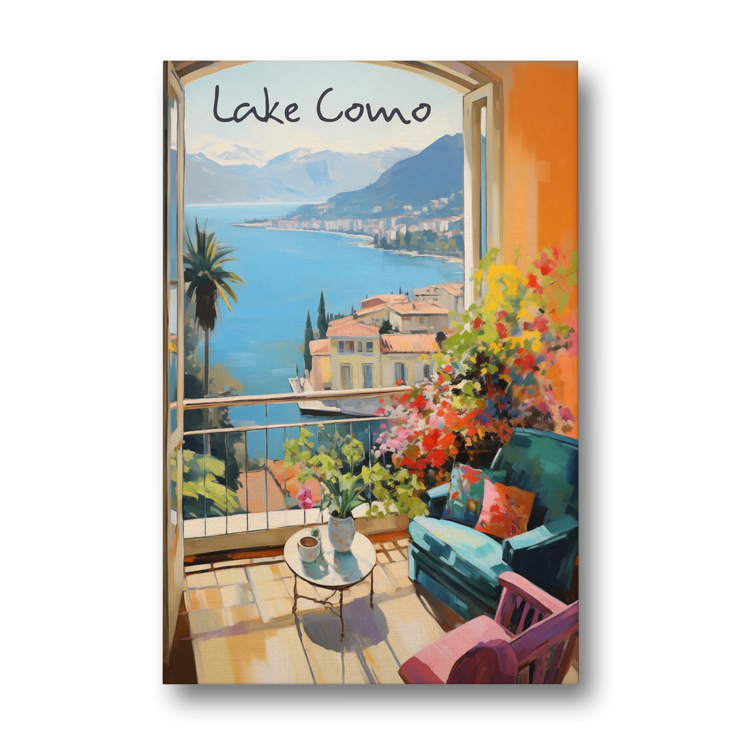 Lake Como Painting Through an Open Window - Canvas Wall Art - Front
