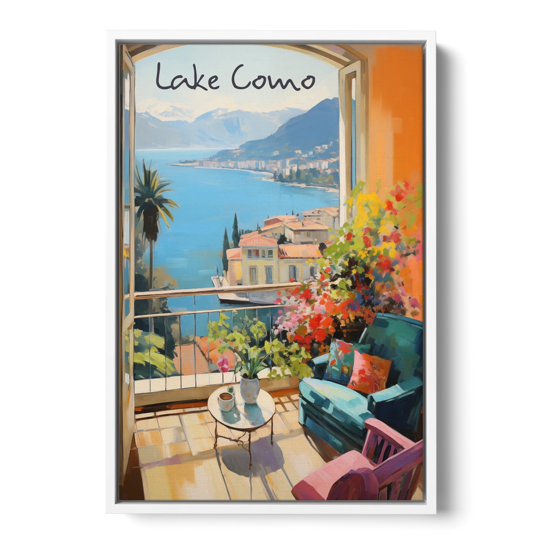 Lake Como Painting Through an Open Window - White Framed Canvas Wall Art - Front