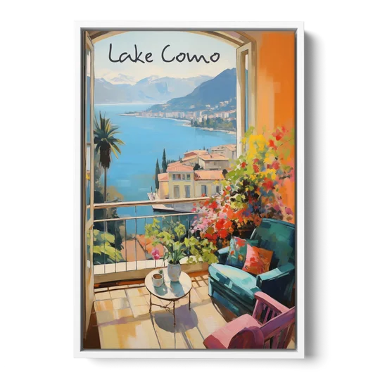 Lake Como Painting Through an Open Window - White Framed Canvas Wall Art - Front