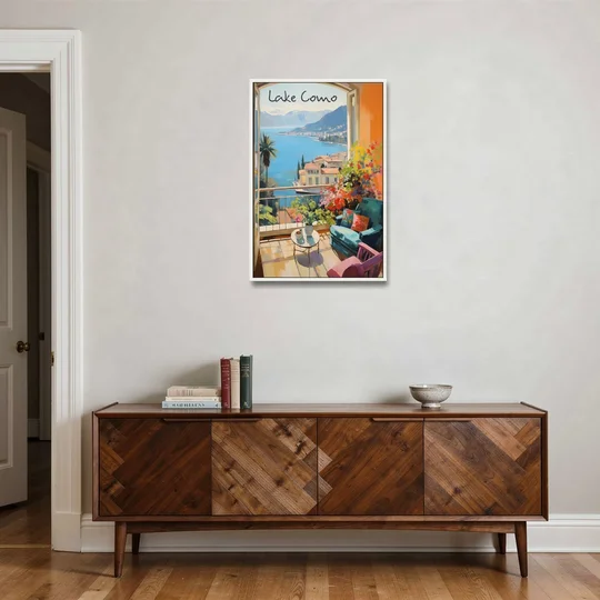 Lake Como Painting Through an Open Window - White Framed Canvas Wall Art - Coffee Table - 24x36