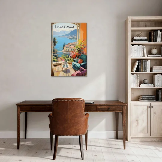 Lake Como Painting Through an Open Window - Canvas Wall Art - Office - 24x36