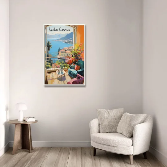 Lake Como Painting Through an Open Window - White Framed Canvas Wall Art - Sofa - 24x36