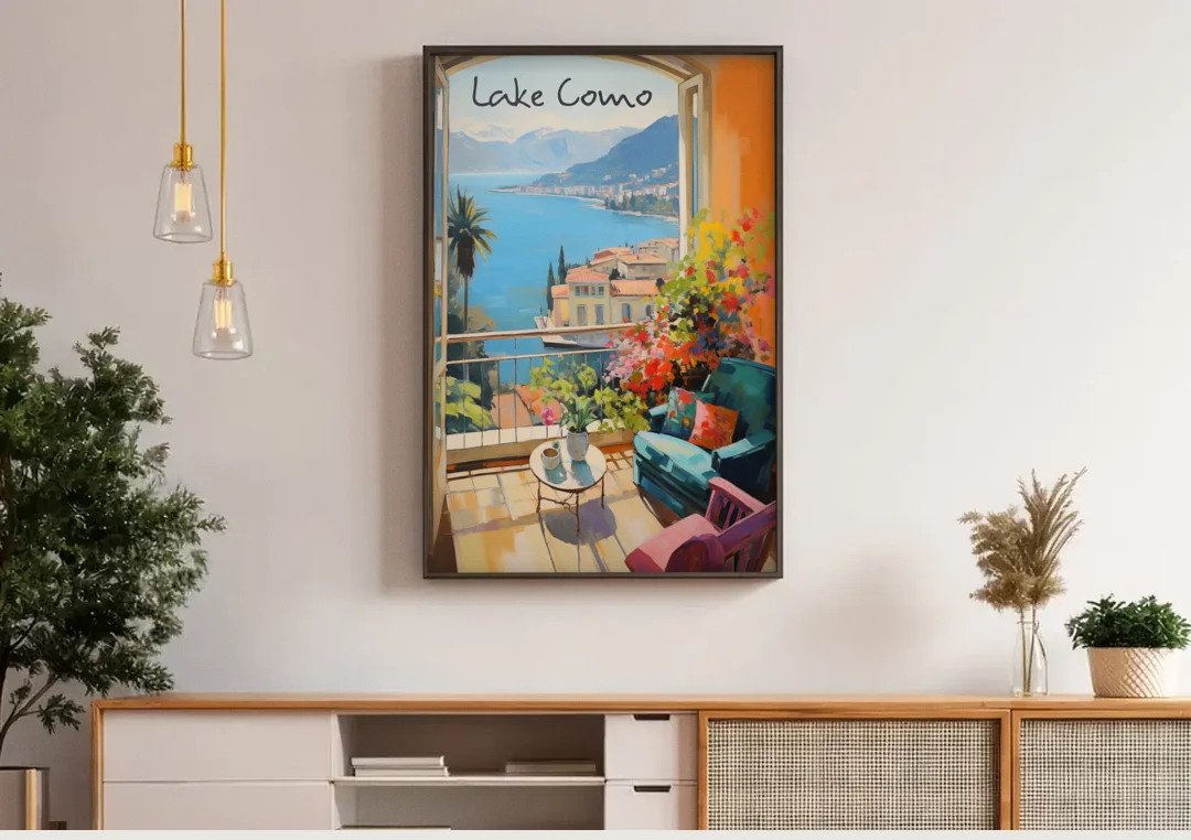 Lake Como Painting Through an Open Window canvas wall art above a wooden sideboard under pendant lights