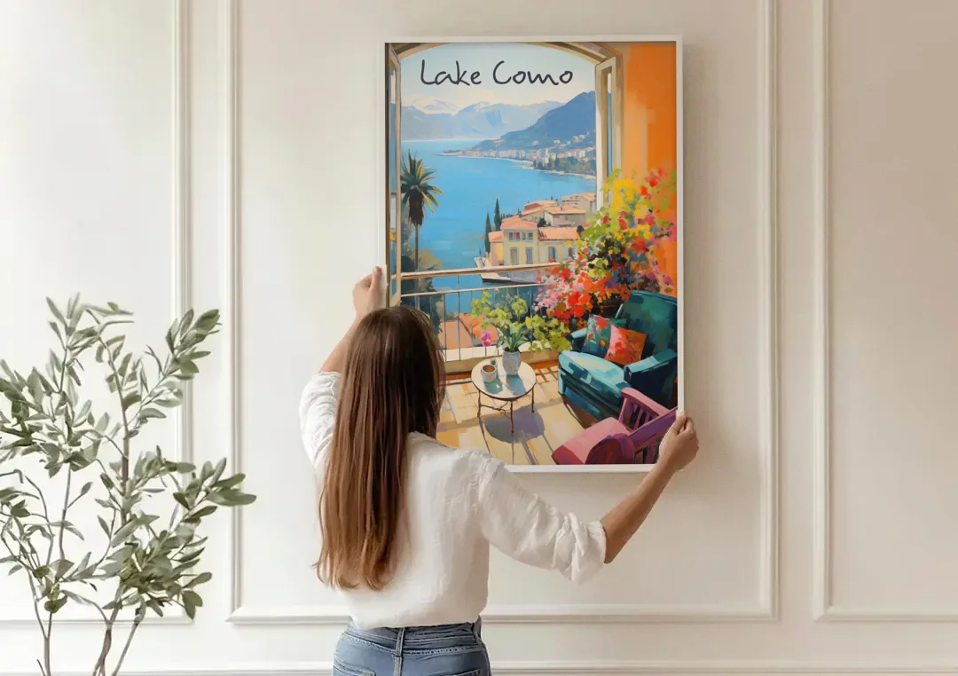 Lake Como Painting Through an Open Window canvas wall art being hung on a paneled wall