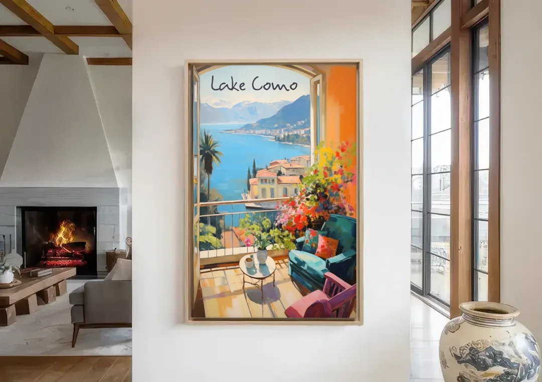 Lake Como Painting Through an Open Window canvas wall art in a living room with a fireplace
