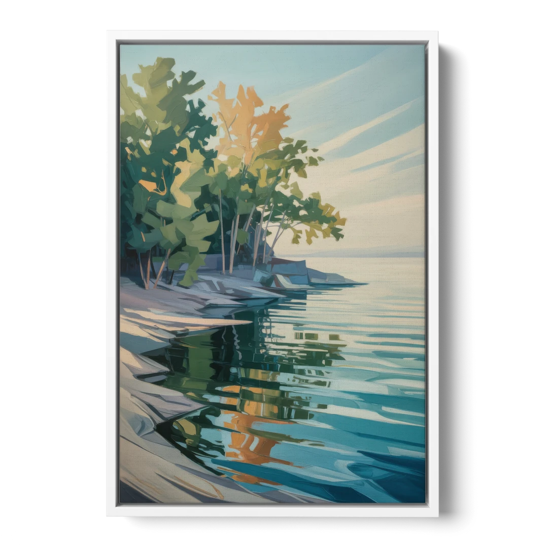 Lake Ontario Reflections - White Framed Canvas Wall Art - Front