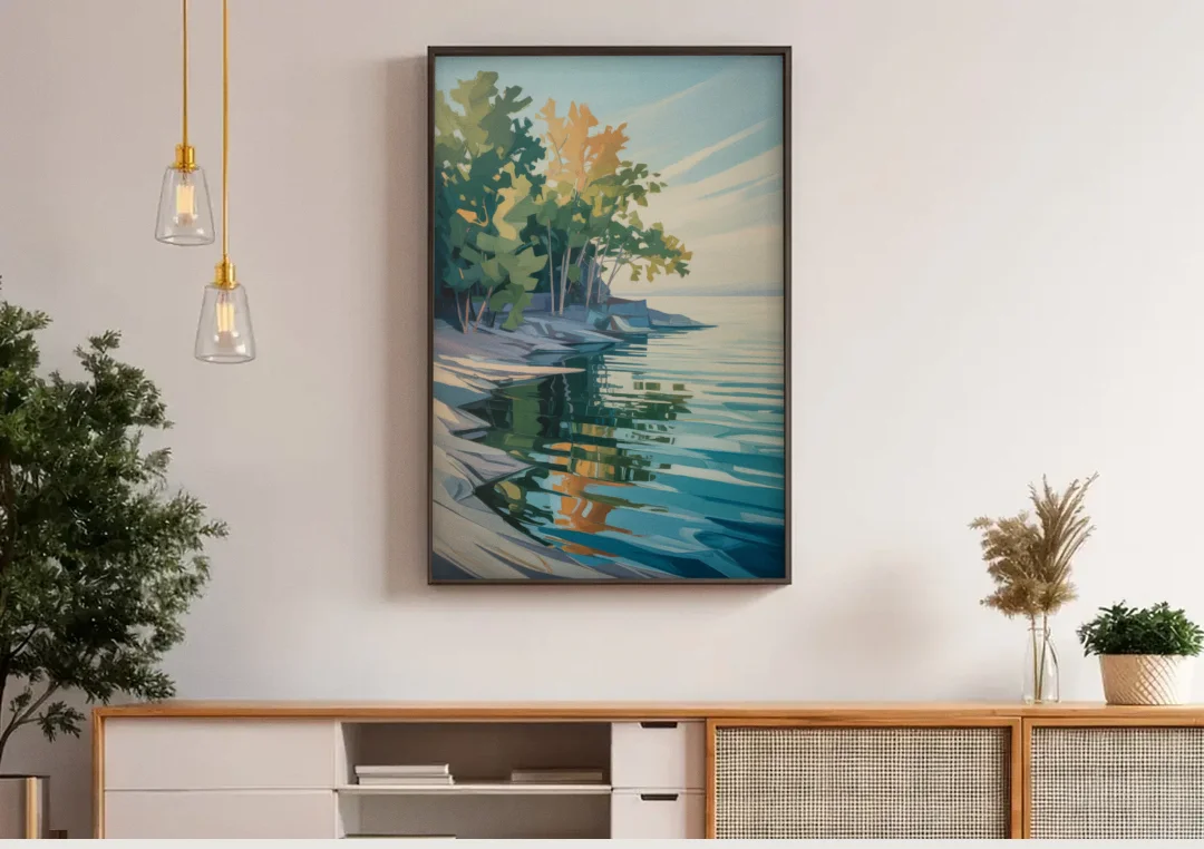Lake Ontario Reflections canvas wall art above a wooden sideboard under pendant lights