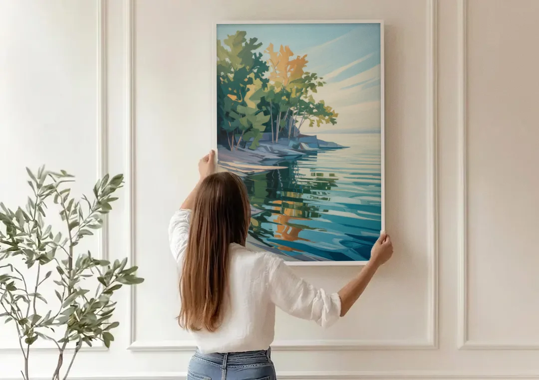 Lake Ontario Reflections canvas wall art being hung on a paneled wall