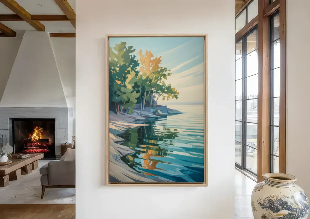 Lake Ontario Reflections canvas wall art in a living room with a fireplace
