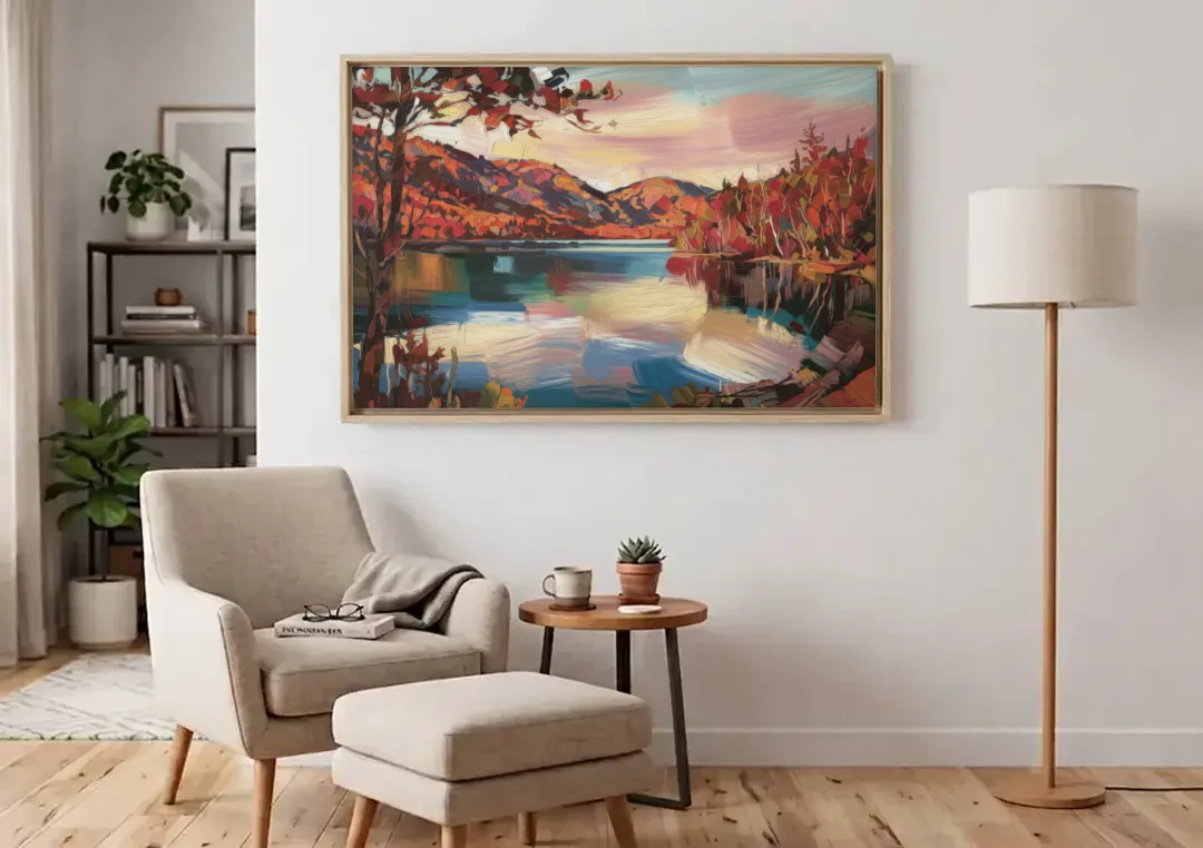 Lake Placid Adirondack Serenity canvas wall art above an armchair in a bright living room