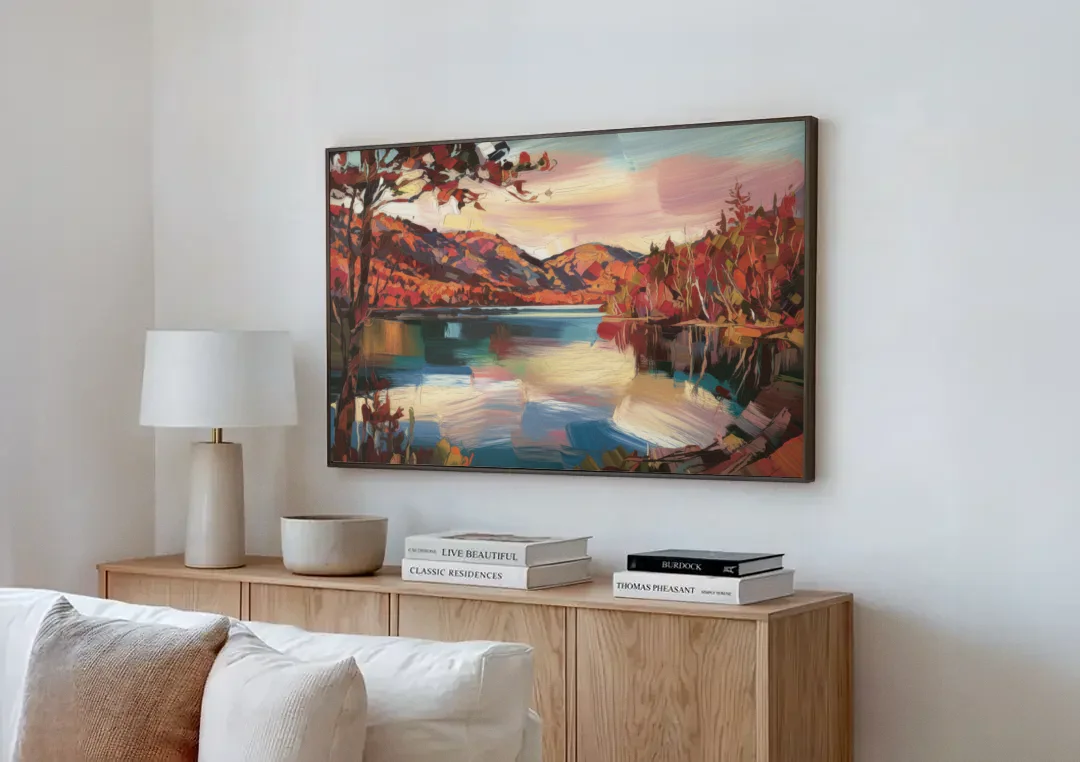 Lake Placid Adirondack Serenity canvas wall art above a wooden sideboard next to a sofa