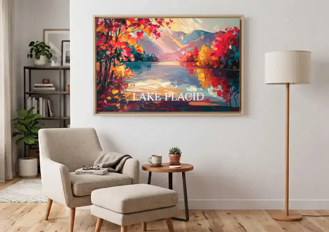 Lake Placid Autumn Splendor canvas wall art above an armchair in a bright living room