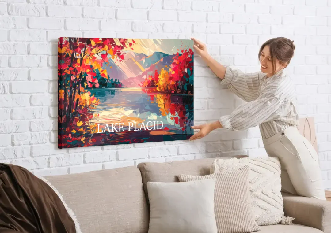 Lake Placid Autumn Splendor canvas wall art being hung on a white brick wall above a sofa