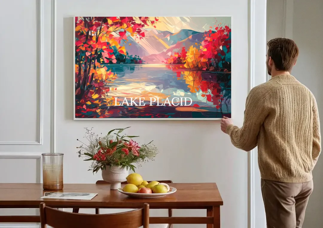 Lake Placid Autumn Splendor canvas wall art above a dining table