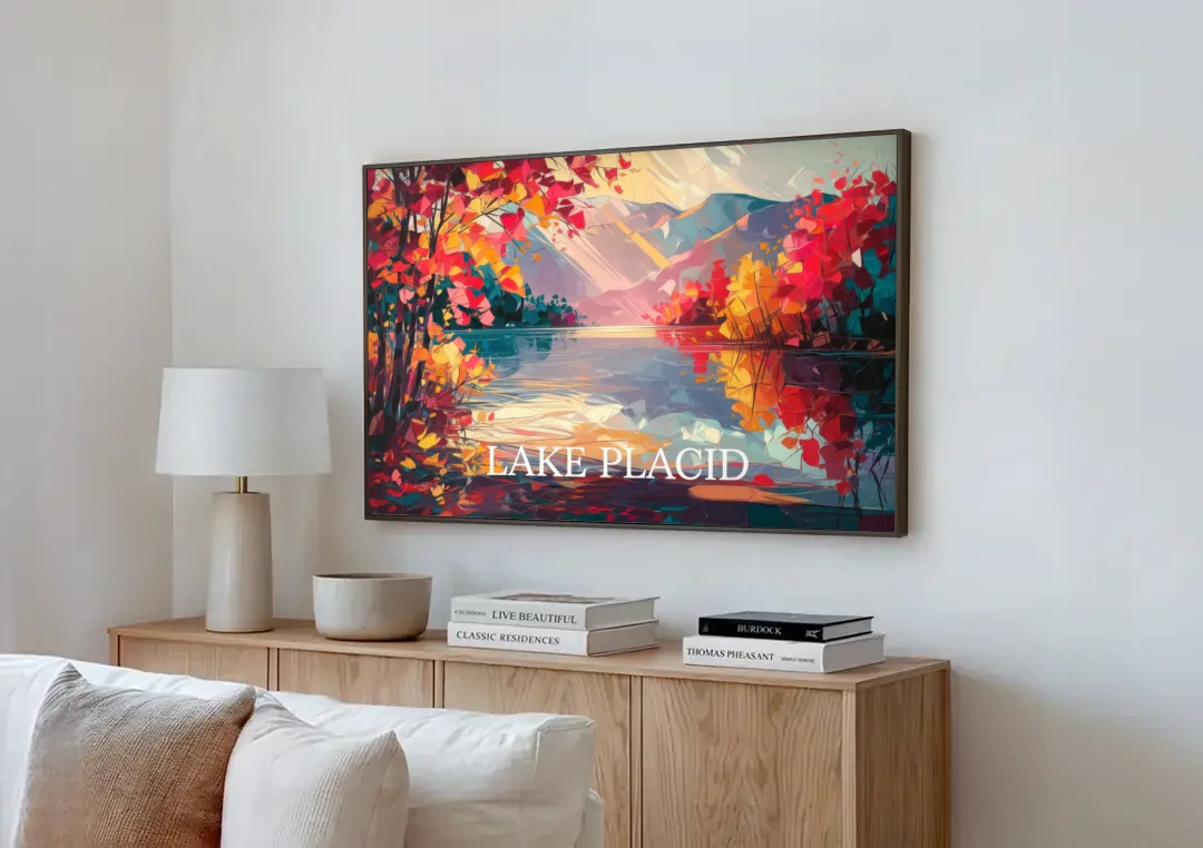 Lake Placid Autumn Splendor canvas wall art above a wooden sideboard next to a sofa