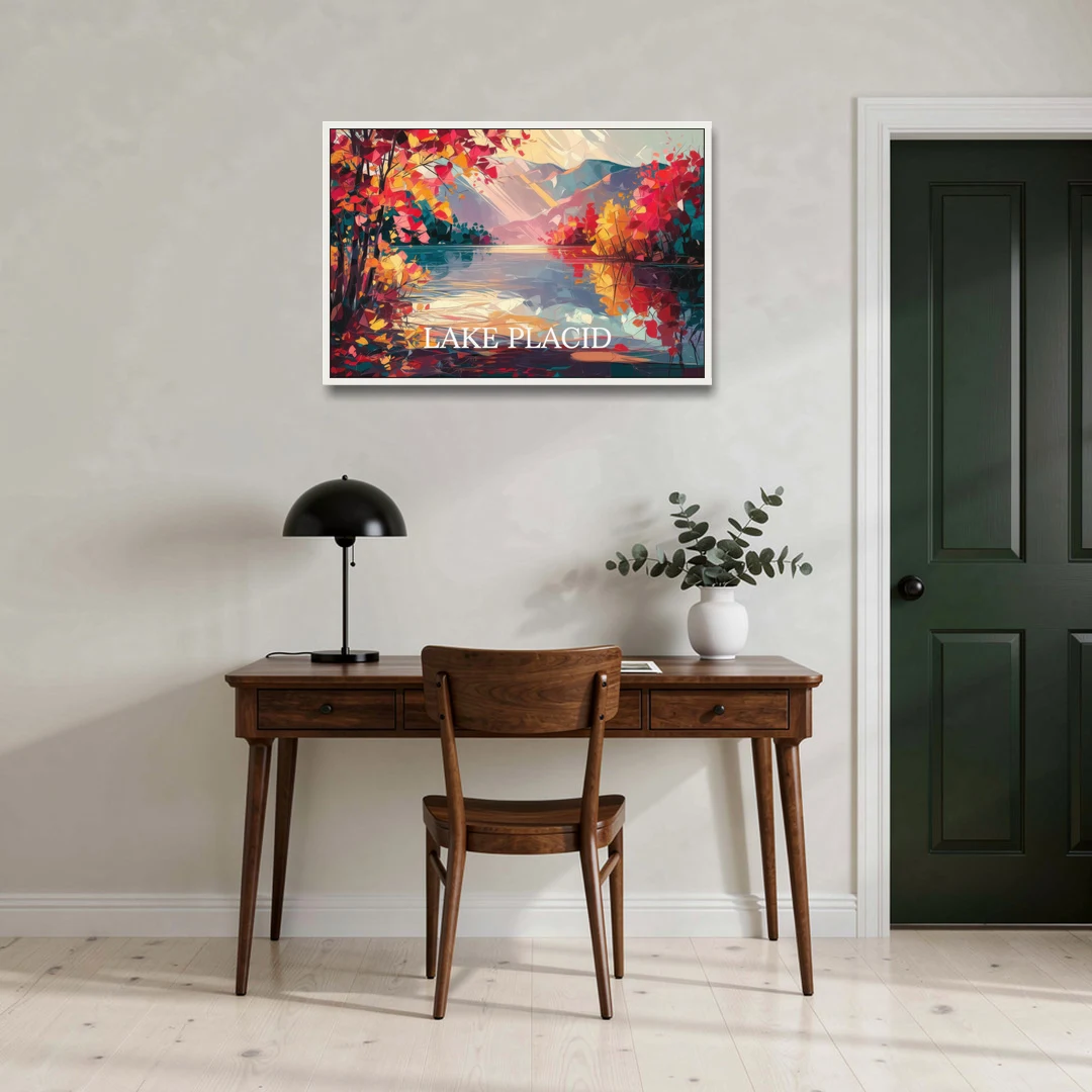 Lake Placid Autumn Splendor - White Framed Canvas Wall Art - Office - 36x24