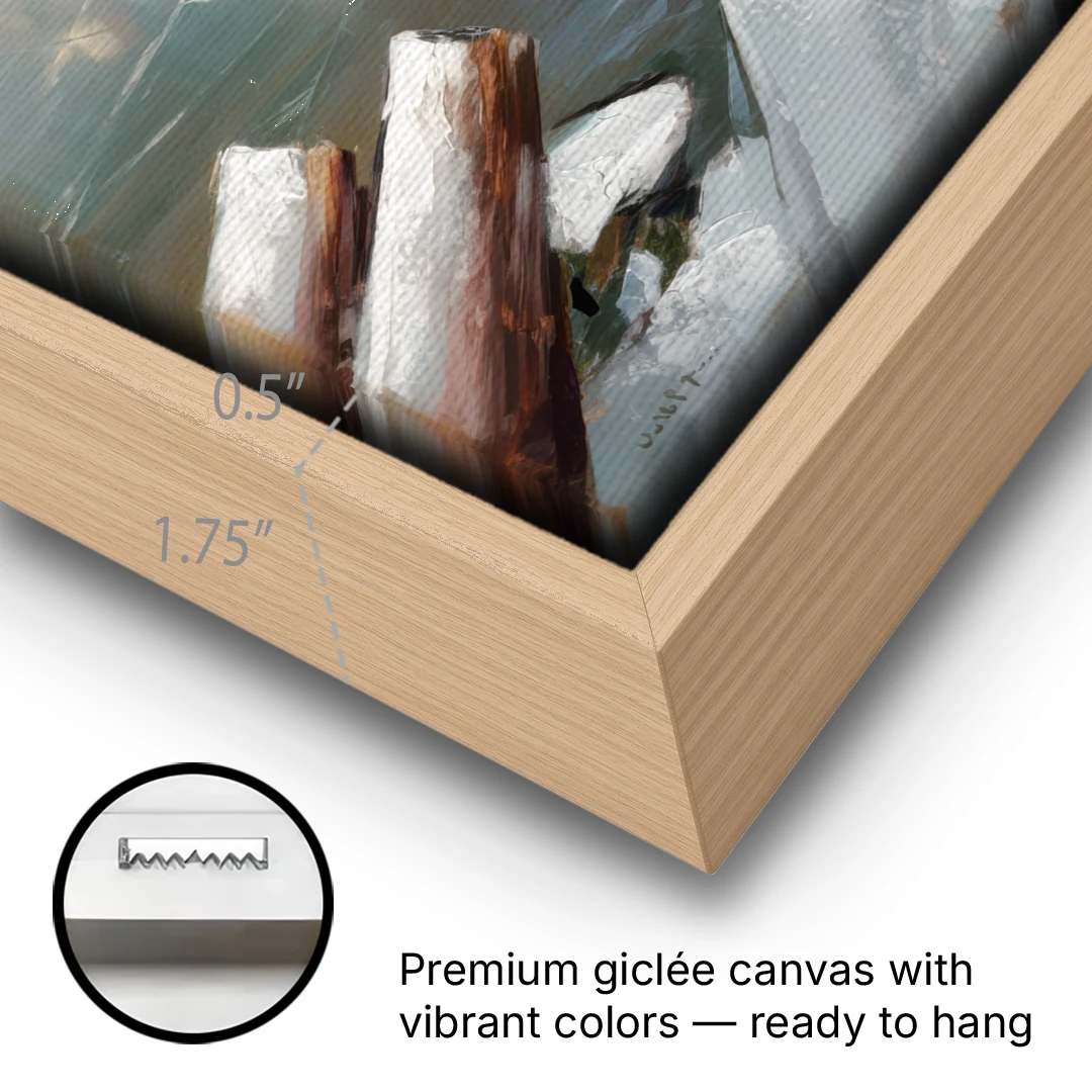 Lake Placid Frozen Lake Beauty - Oak Framed Canvas Wall Art - Gallery Wrap Corner
