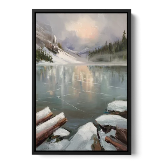 Lake Placid Frozen Lake Beauty - Black Framed Canvas Wall Art - Front