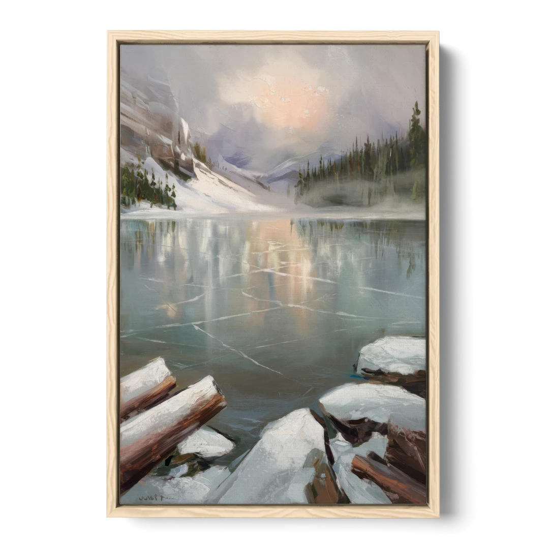 Lake Placid Frozen Lake Beauty - Oak Framed Canvas Wall Art - Front