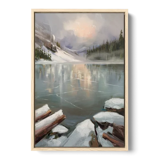 Lake Placid Frozen Lake Beauty - Oak Framed Canvas Wall Art - Front
