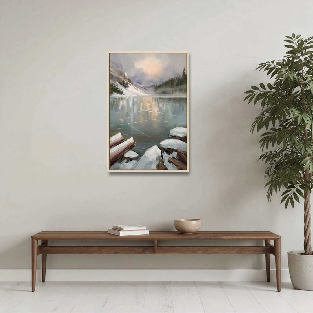 Lake Placid Frozen Lake Beauty - Oak Framed Canvas Wall Art - Coffee Table - 24x36