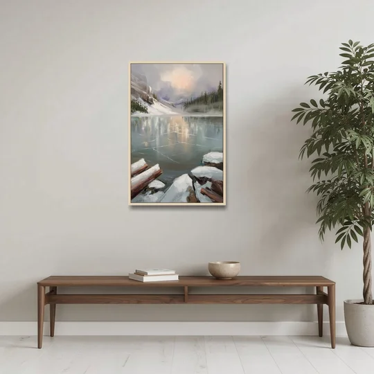 Lake Placid Frozen Lake Beauty - Oak Framed Canvas Wall Art - Coffee Table - 24x36