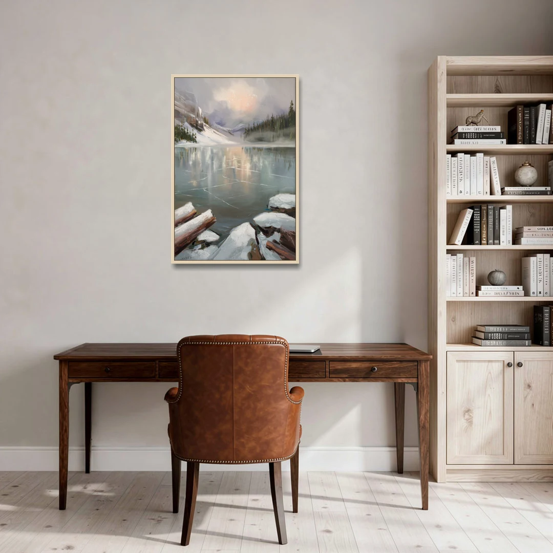 Lake Placid Frozen Lake Beauty - Oak Framed Canvas Wall Art - Office - 24x36