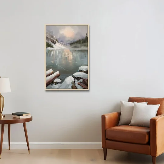Lake Placid Frozen Lake Beauty - Oak Framed Canvas Wall Art - Sofa - 24x36