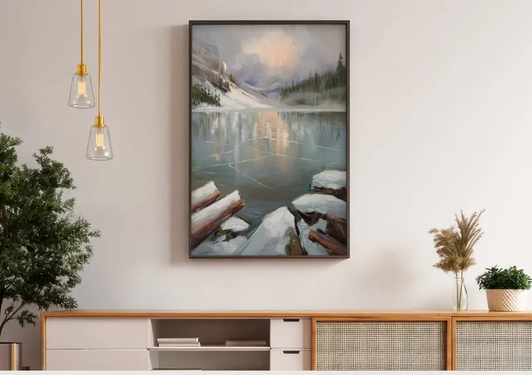 Lake Placid Frozen Lake Beauty canvas wall art above a wooden sideboard under pendant lights