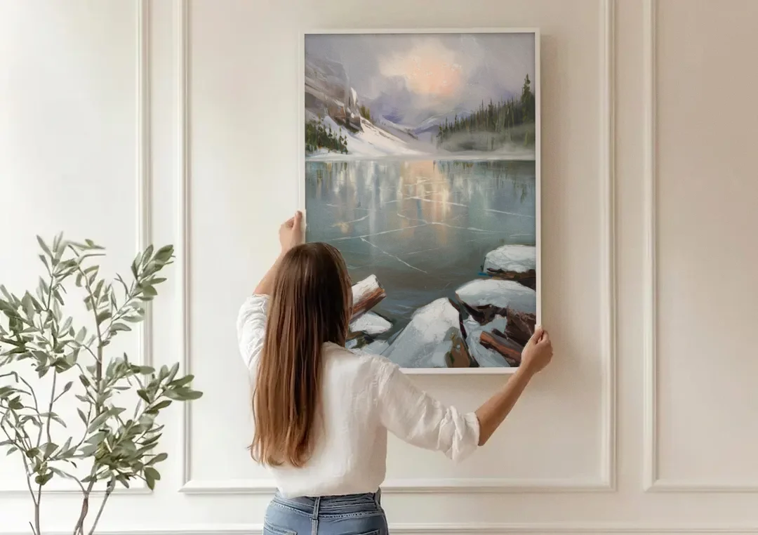 Lake Placid Frozen Lake Beauty canvas wall art being hung on a paneled wall