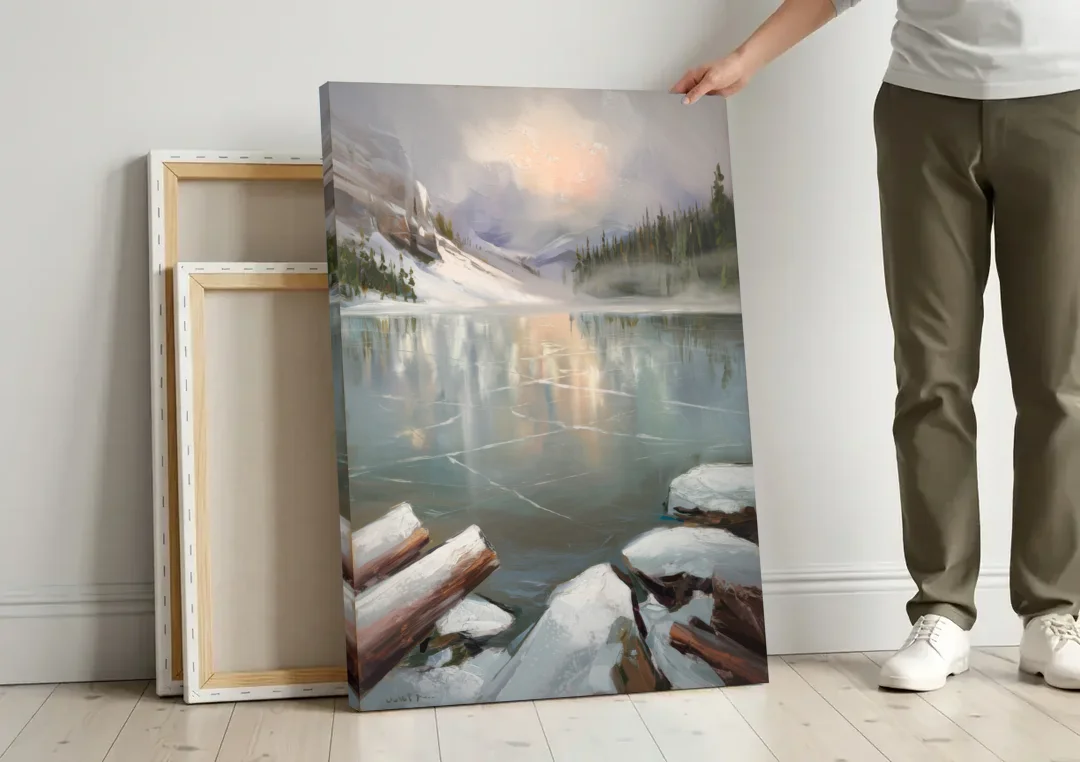 Lake Placid Frozen Lake Beauty canvas wall art leaning against a wall next to blank canvases