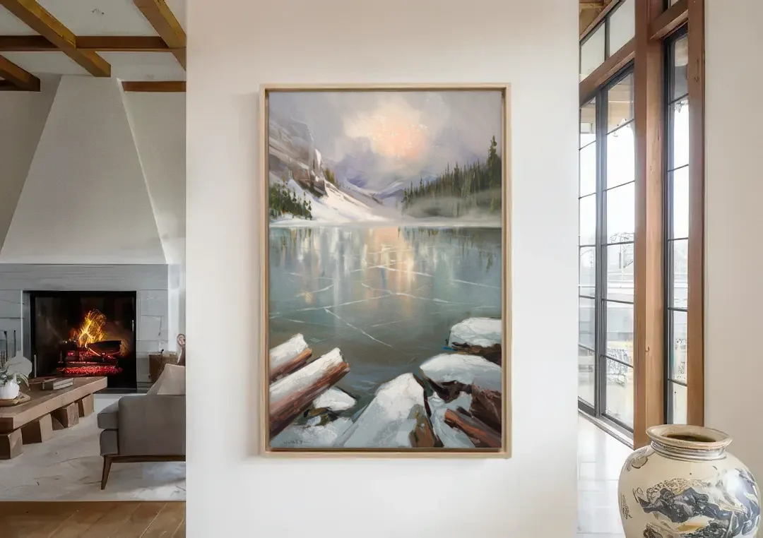 Lake Placid Frozen Lake Beauty canvas wall art in a living room with a fireplace