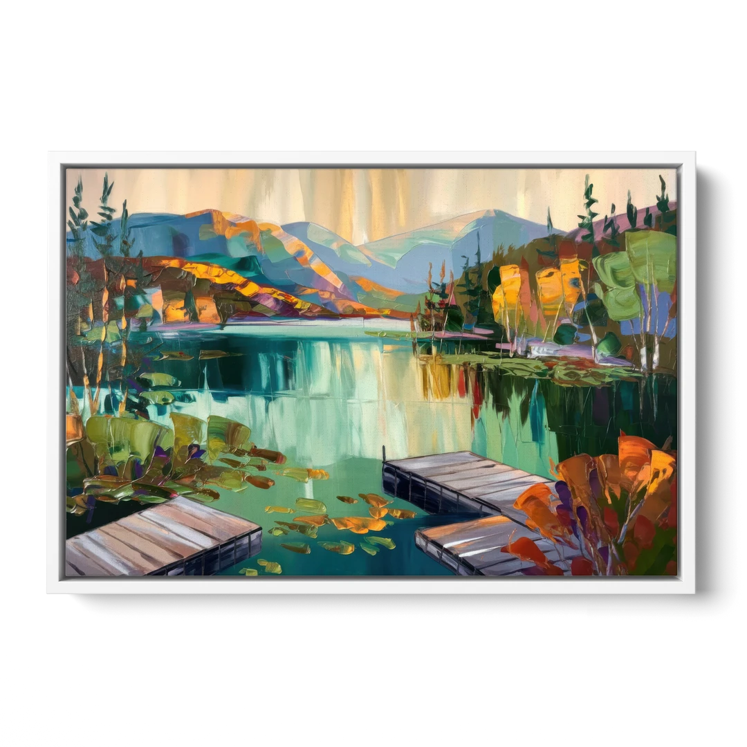 Lake Placid Mirror Lake View - White Framed Canvas Wall Art - Front
