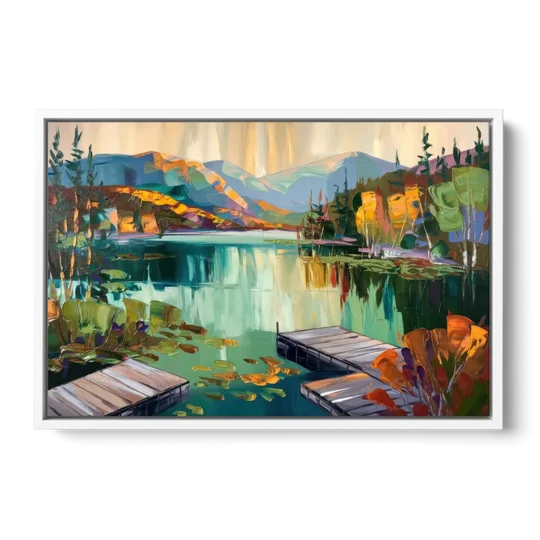 Lake Placid Mirror Lake View - White Framed Canvas Wall Art - Front