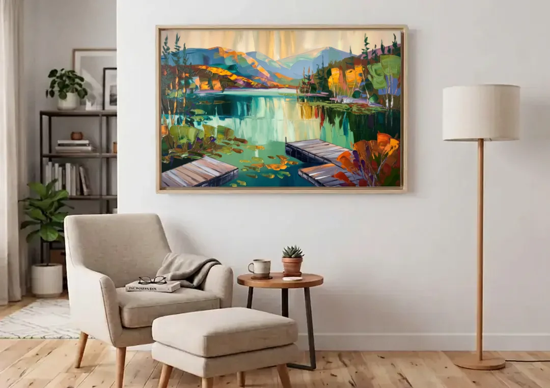 Lake Placid Mirror Lake View canvas wall art above an armchair in a bright living room