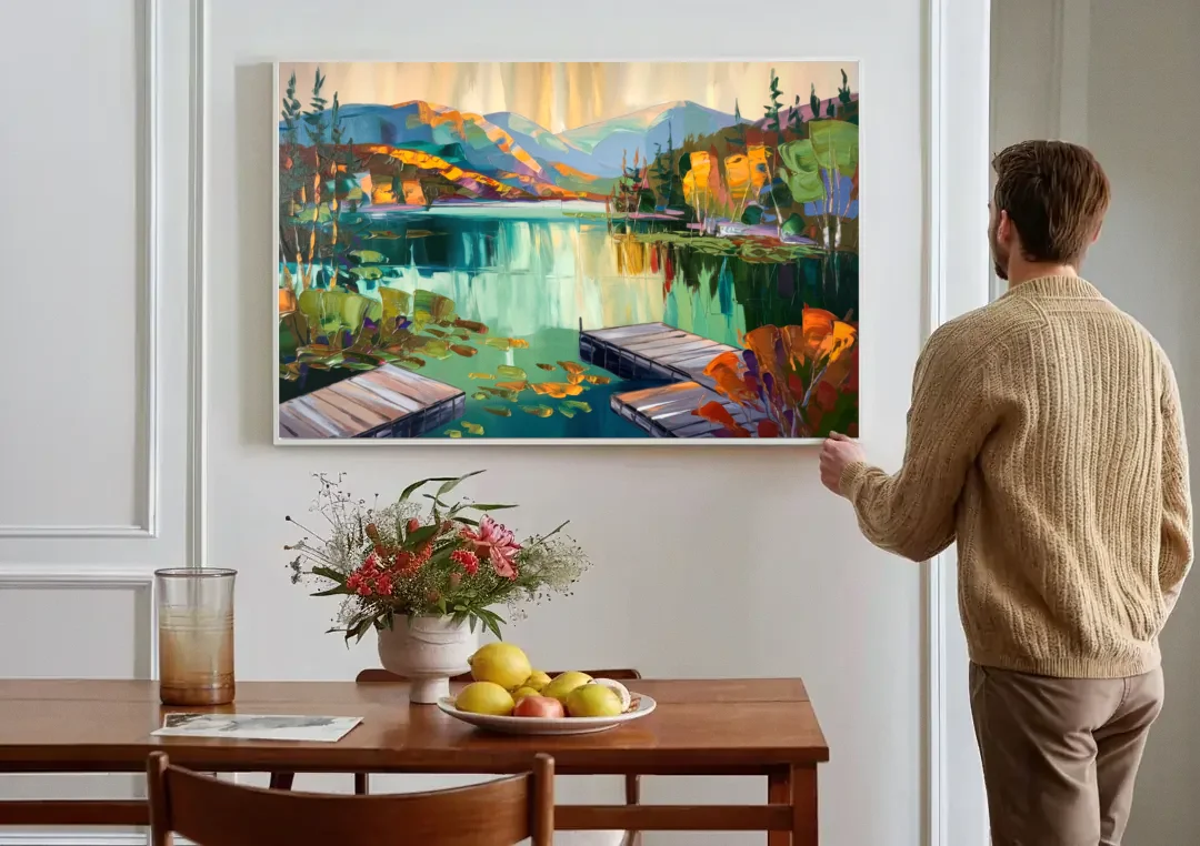 Lake Placid Mirror Lake View canvas wall art above a dining table