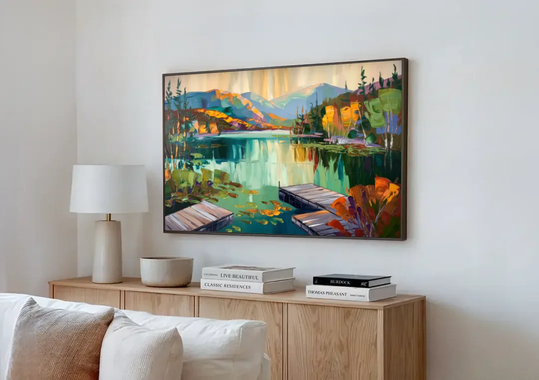 Lake Placid Mirror Lake View canvas wall art above a wooden sideboard next to a sofa