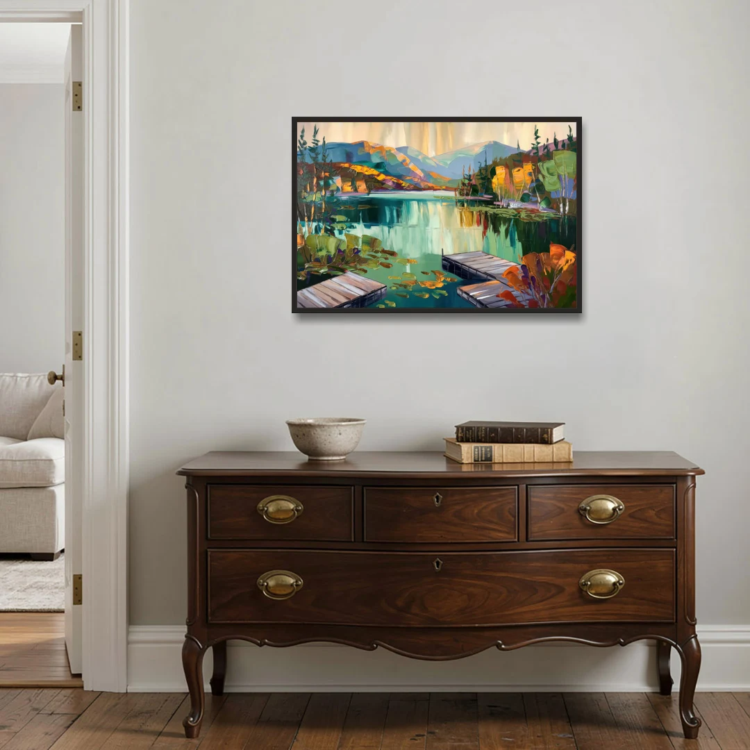 Lake Placid Mirror Lake View - Black Framed Canvas Wall Art - Coffee Table - 36x24